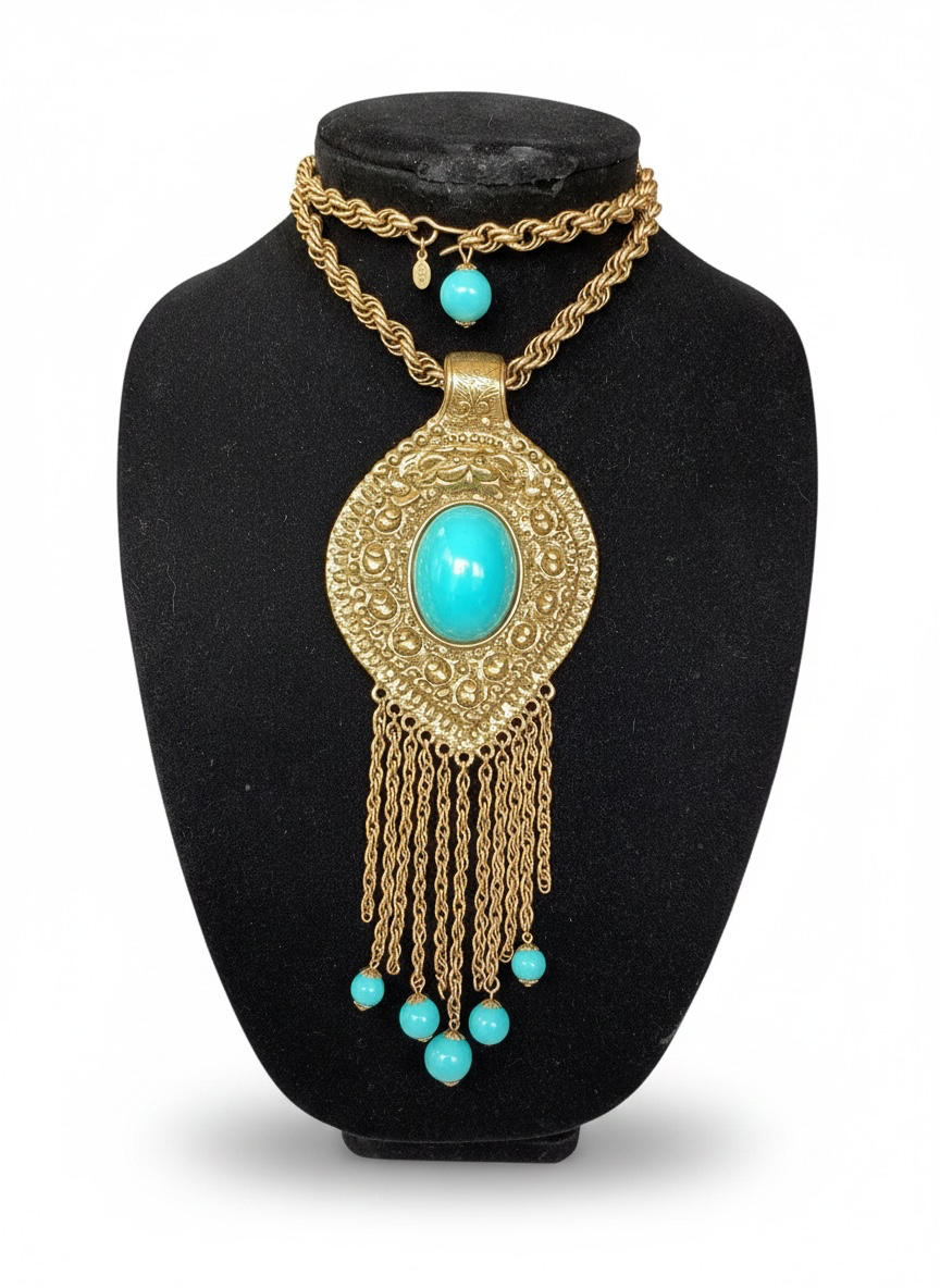 1970 Cadoro Etruscan Revival Turquois Pendant Necklace