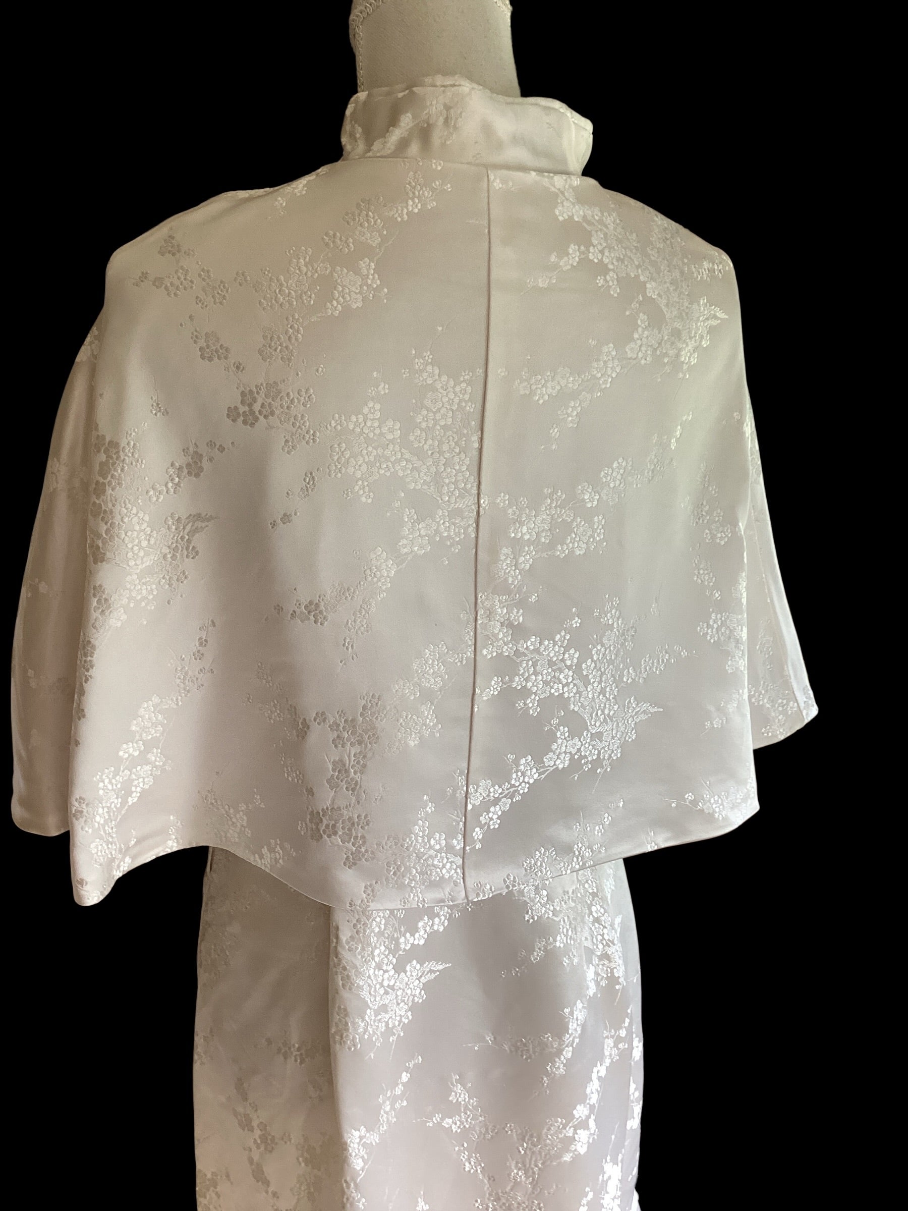 White Floral Brocade Cheongsam Dress & Capelet Set