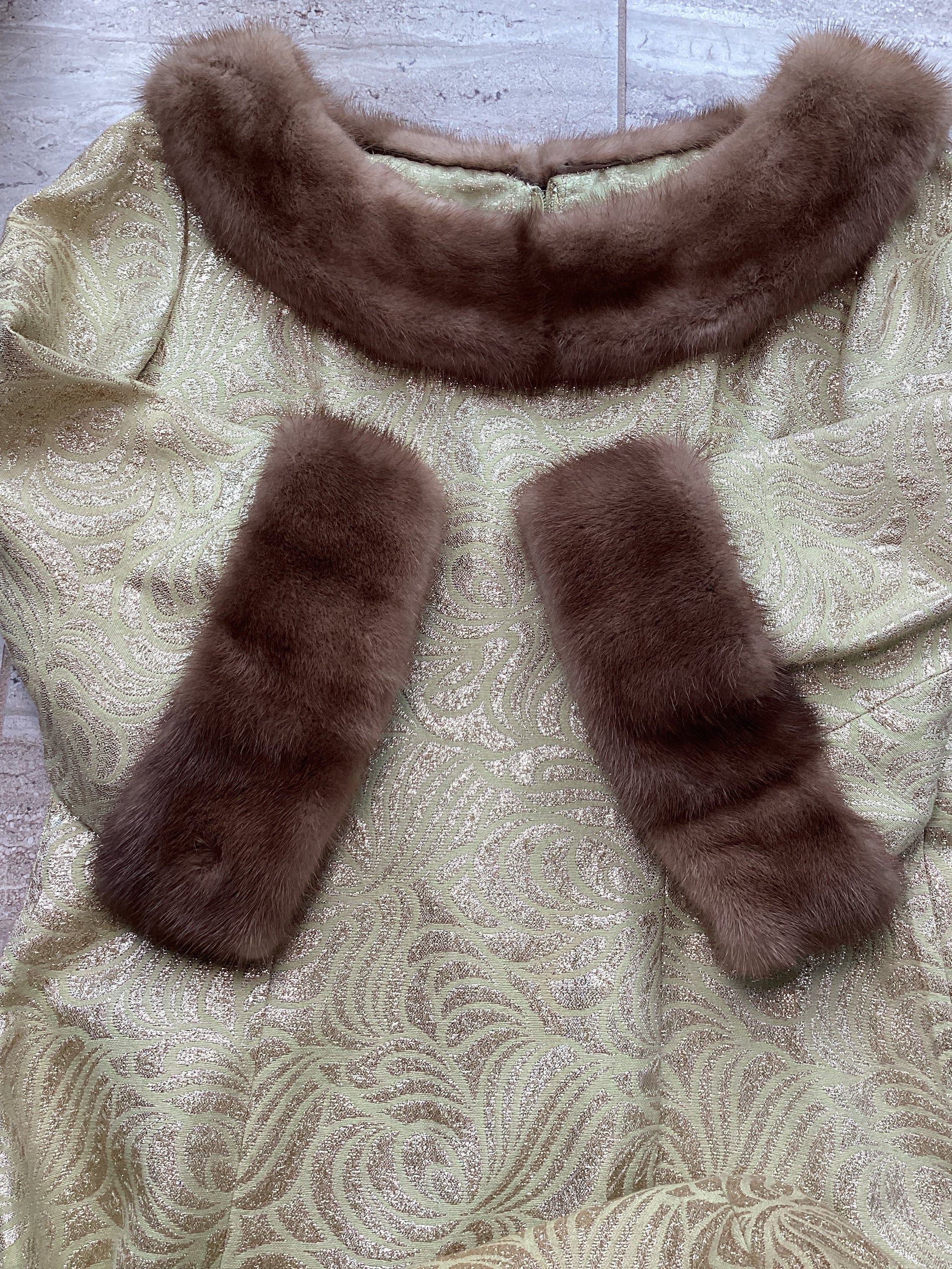 Vintage 1960s Malouf Design Perfect Negligee Hostess Gown - Pale Lime & Gold Metallic Brocade Lamé
with Pristine Mink Fur Portrait Collar & Cuffs