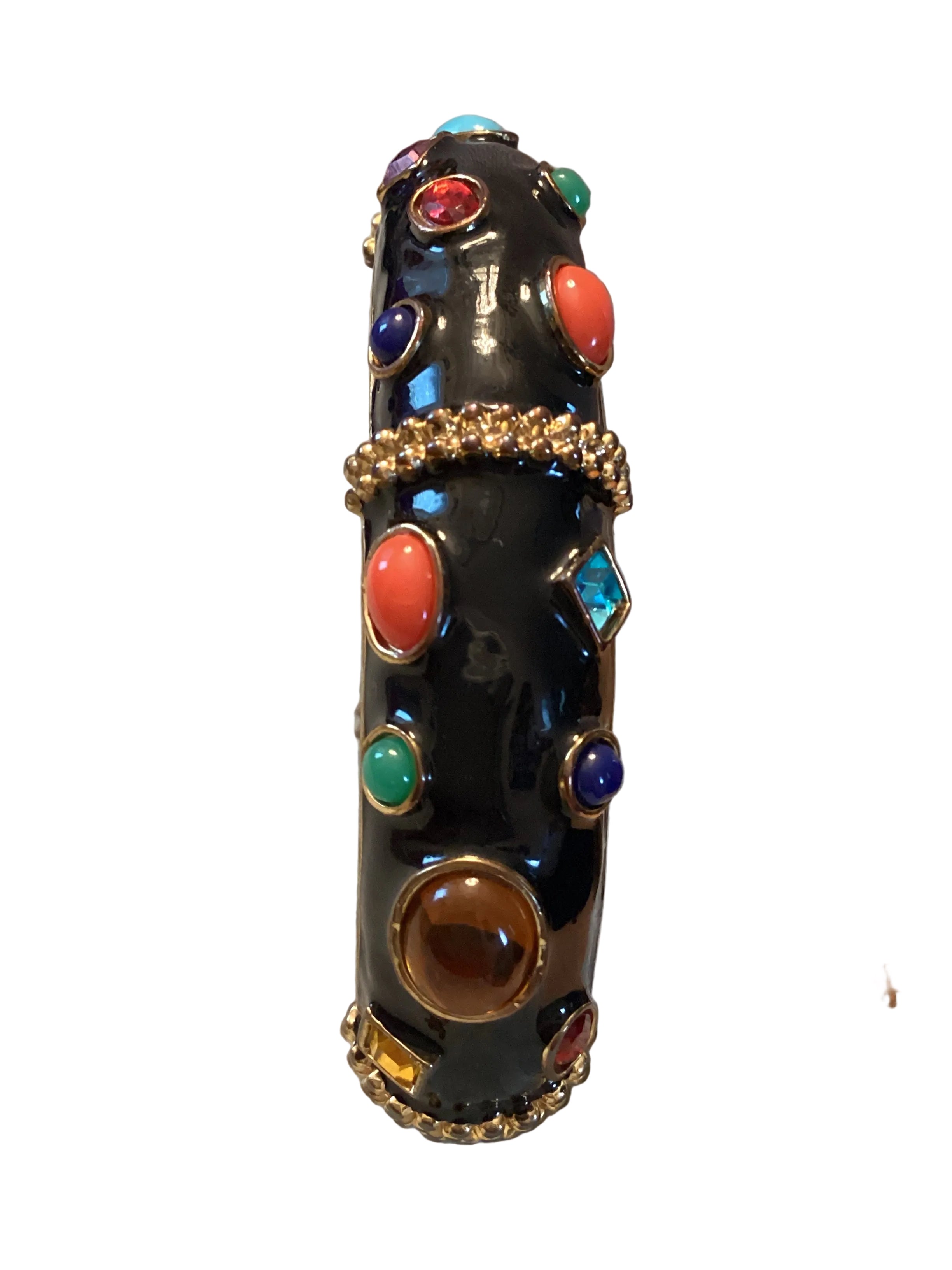 Circa 1980’s Kenneth Jay Lane KJL Multi-Strand Multi-Color Cabochon Black Enamel Necklace & Bangle Set