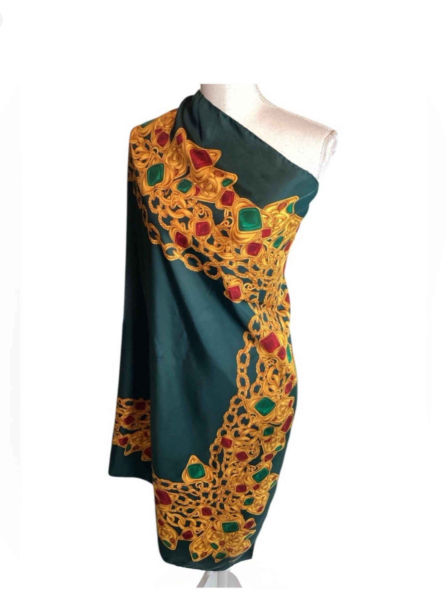 CHANEL Circa 1980's Green & Gripoix Silk Scarf