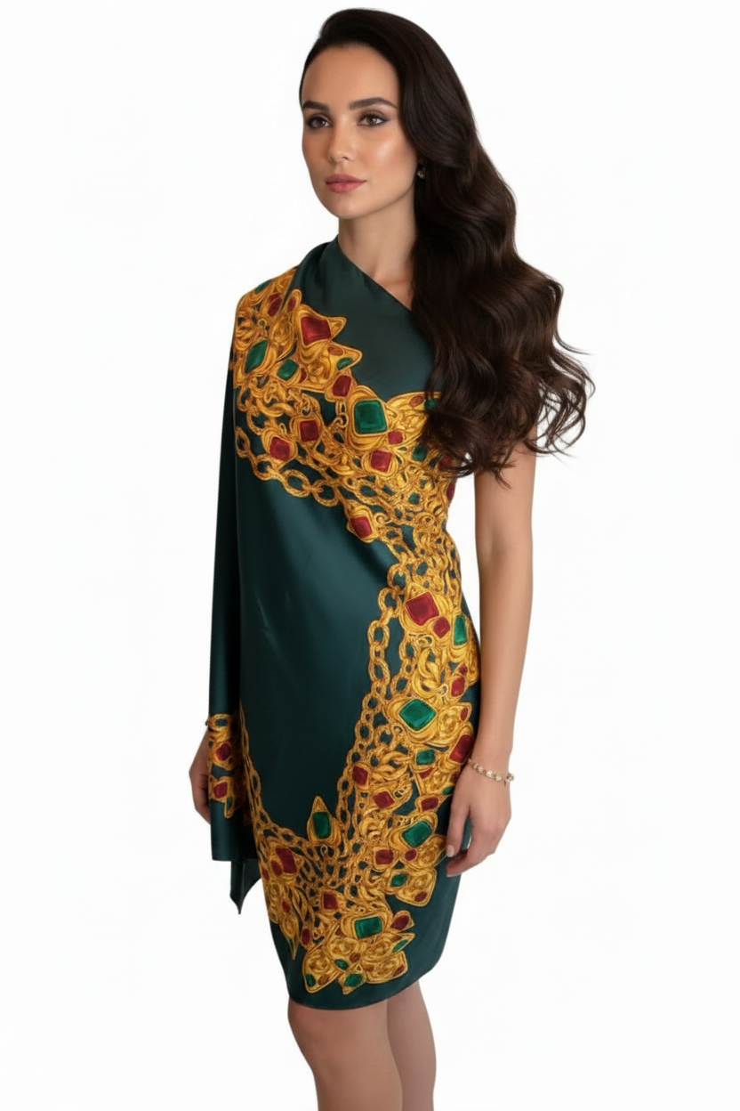 CHANEL Circa 1980's Green & Gripoix Silk Scarf