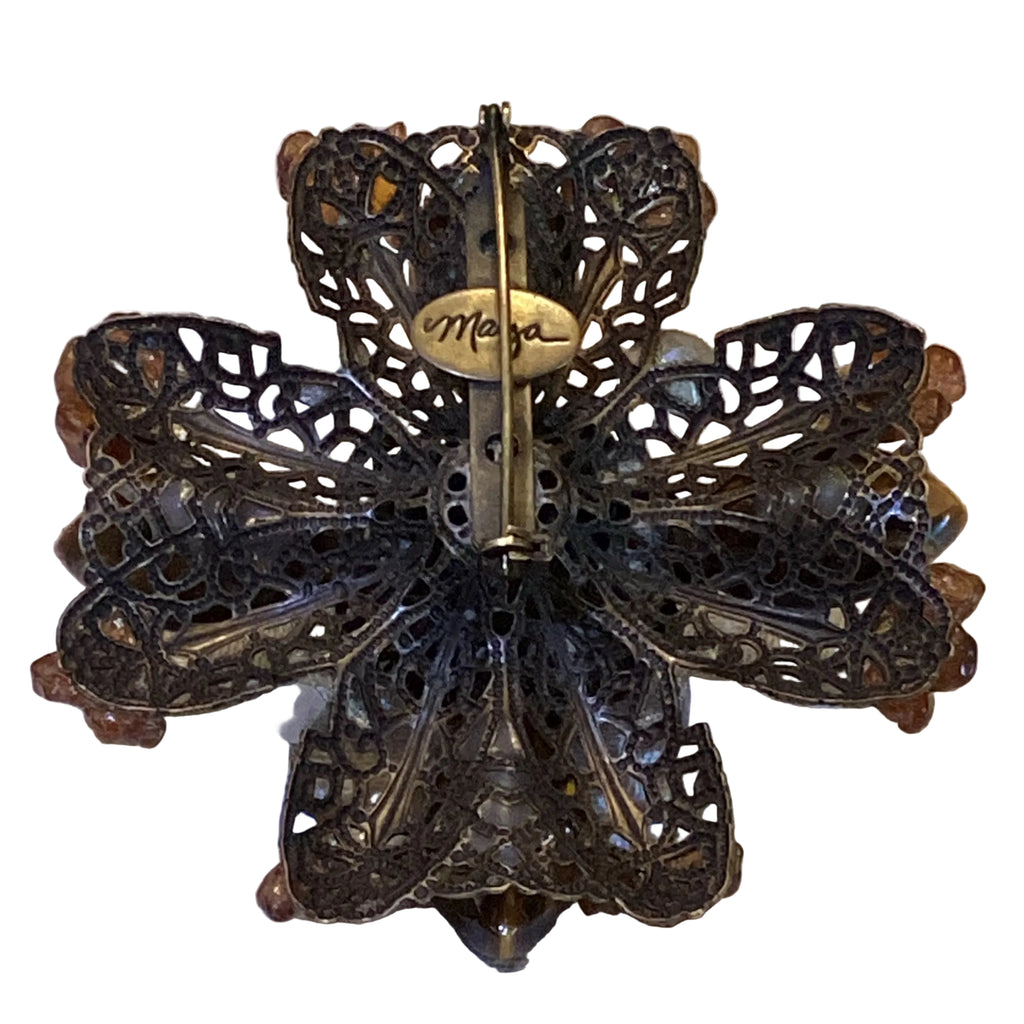 Signed Maya Evangelista Tiger Eye Maltese Cross Brooch & Clip Earrings Set