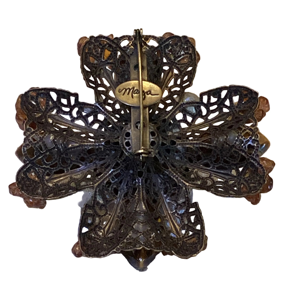 Signed Maya Evangelista Tiger Eye Maltese Cross Brooch & Clip Earrings Set