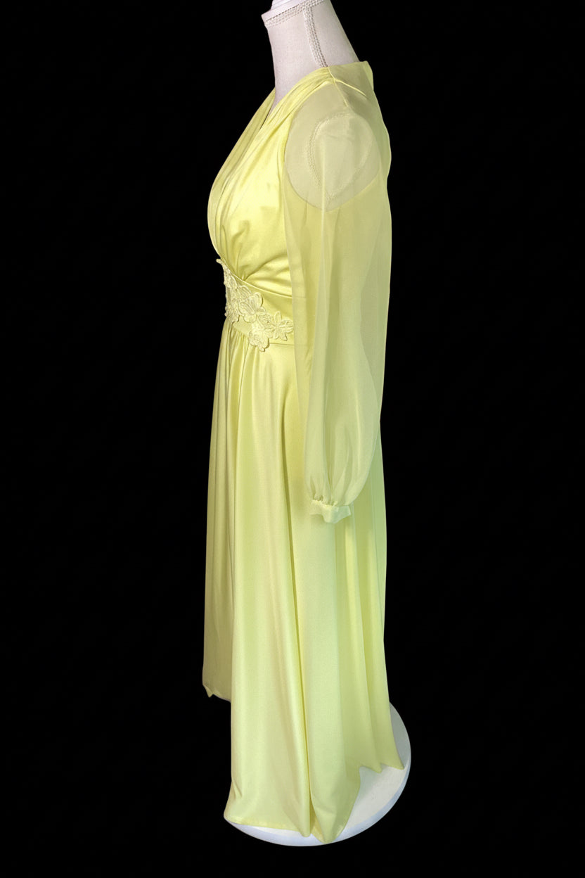 VTG 1970s Lemon Yellow Chiffon Maxi Dress
