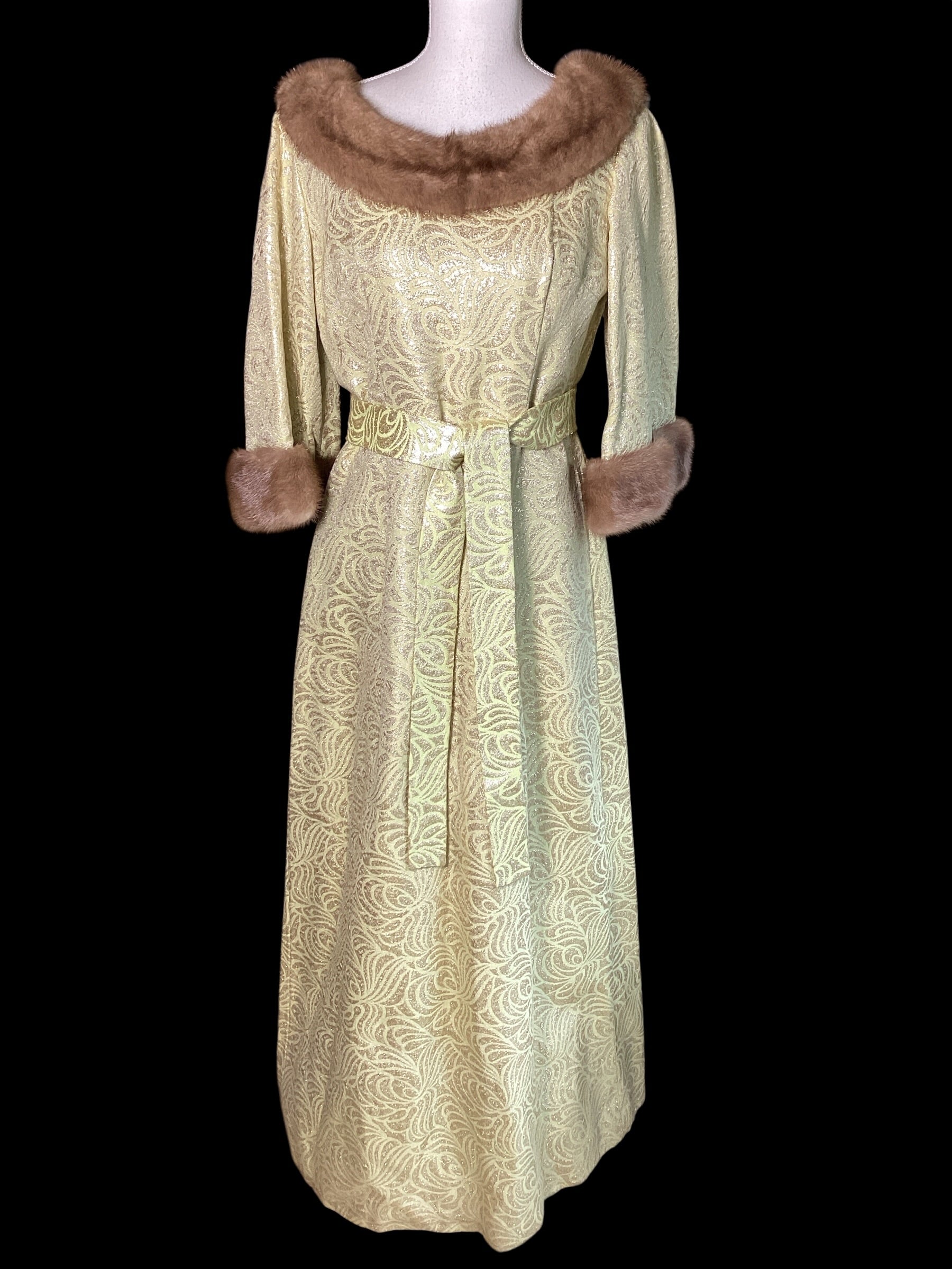 Vintage 1960s Malouf Design Perfect Negligee Hostess Gown - Pale Lime & Gold Metallic Brocade Lamé
with Pristine Mink Fur Portrait Collar & Cuffs