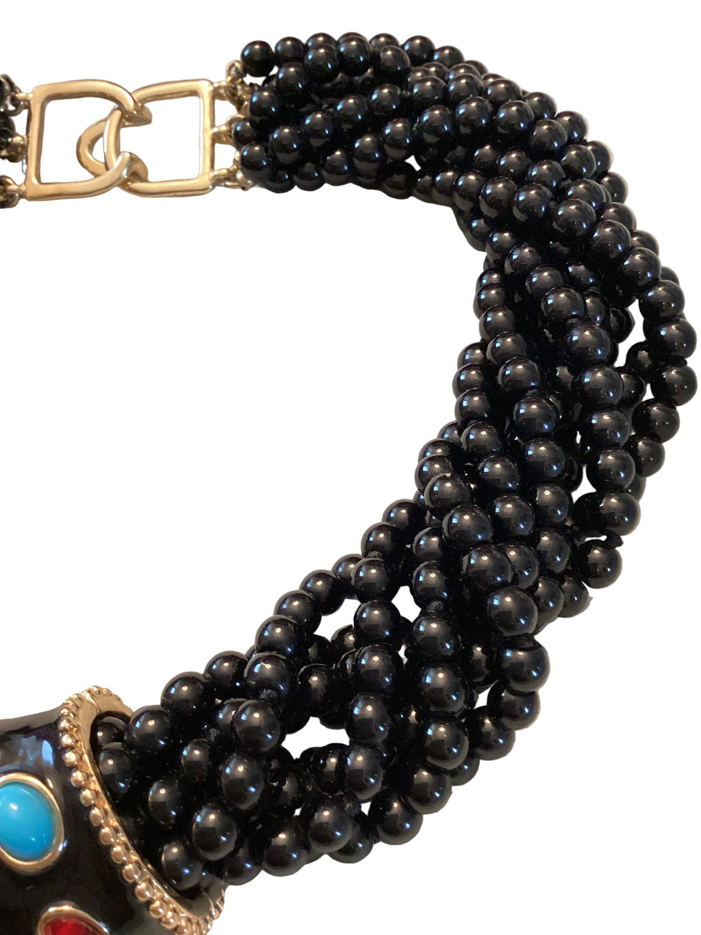 Circa 1980’s Kenneth Jay Lane KJL Multi-Strand Multi-Color Cabochon Black Enamel Necklace & Bangle Set