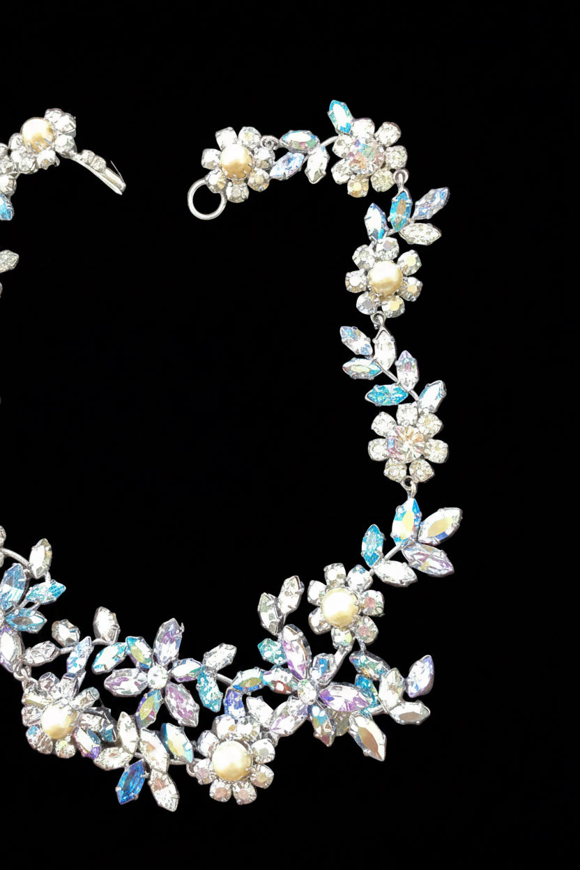 Circa 1950’s Made in Austria Bermuda Blue Rhinestone Bib Necklace & Western Germany Earrings