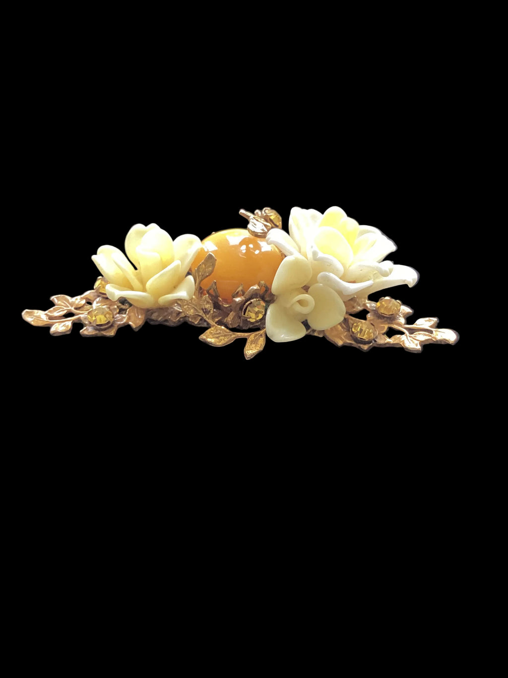 Vintage Miriam Haskell Rose & Butterscotch Cabochon Glass Brooch