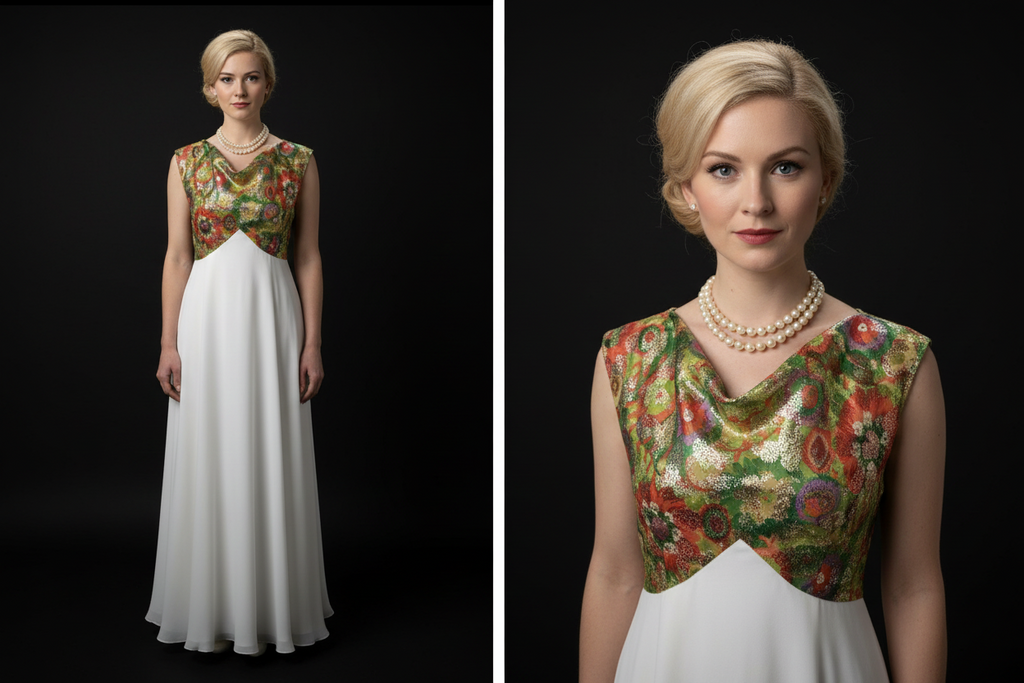 Mid-Century Metallic Draped Neck Hostess Gown/Evening Gown