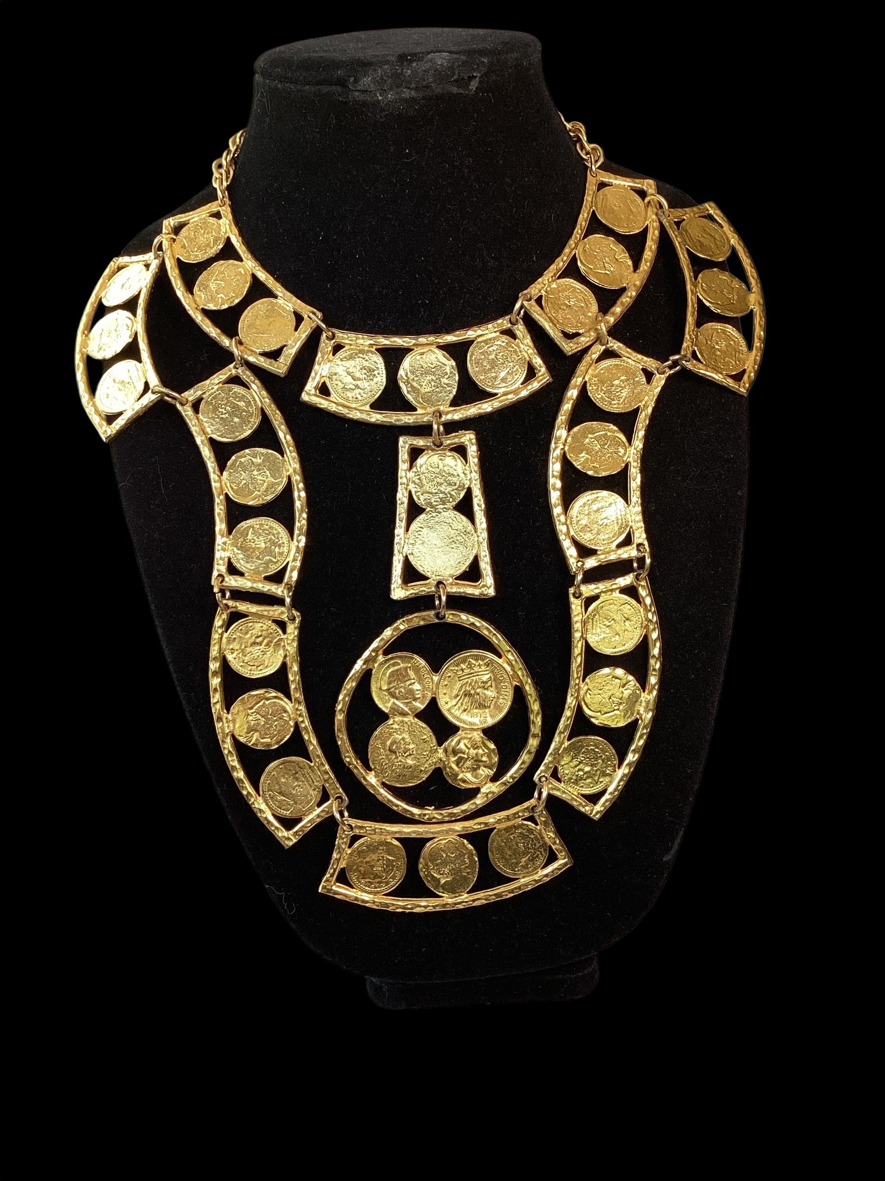 Rare & Incredible Circa 1960 Kenneth Lane Gold Plated Coin Bib Necklace