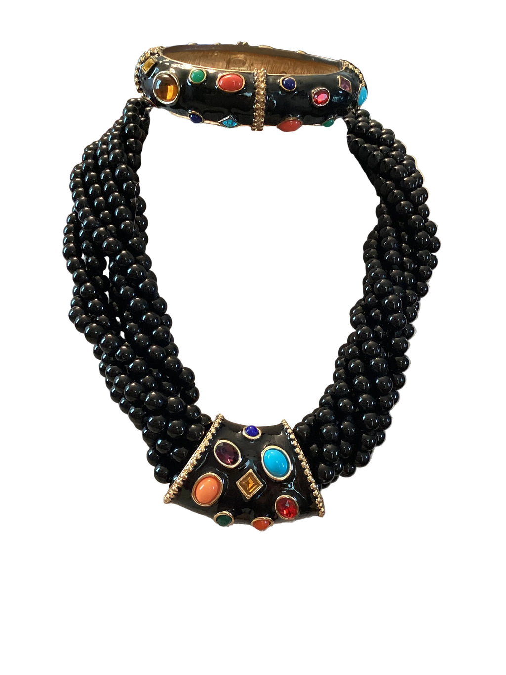 Circa 1980’s Kenneth Jay Lane KJL Multi-Strand Multi-Color Cabochon Black Enamel Necklace & Bangle Set
