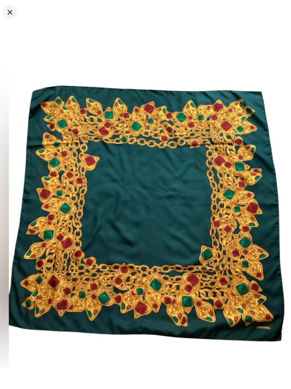 CHANEL Circa 1980's Green & Gripoix Silk Scarf
