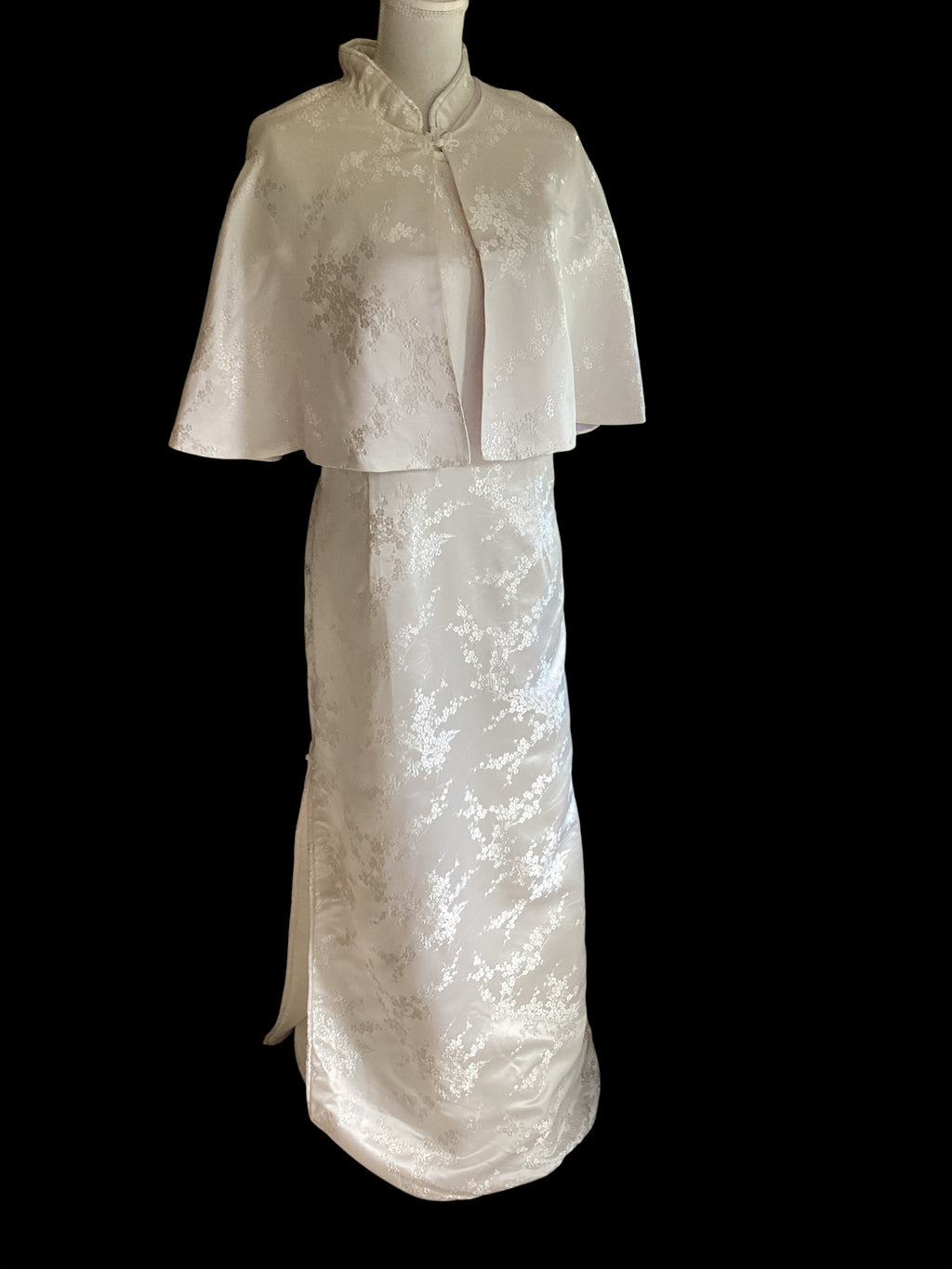 White Floral Brocade Cheongsam Dress & Capelet Set