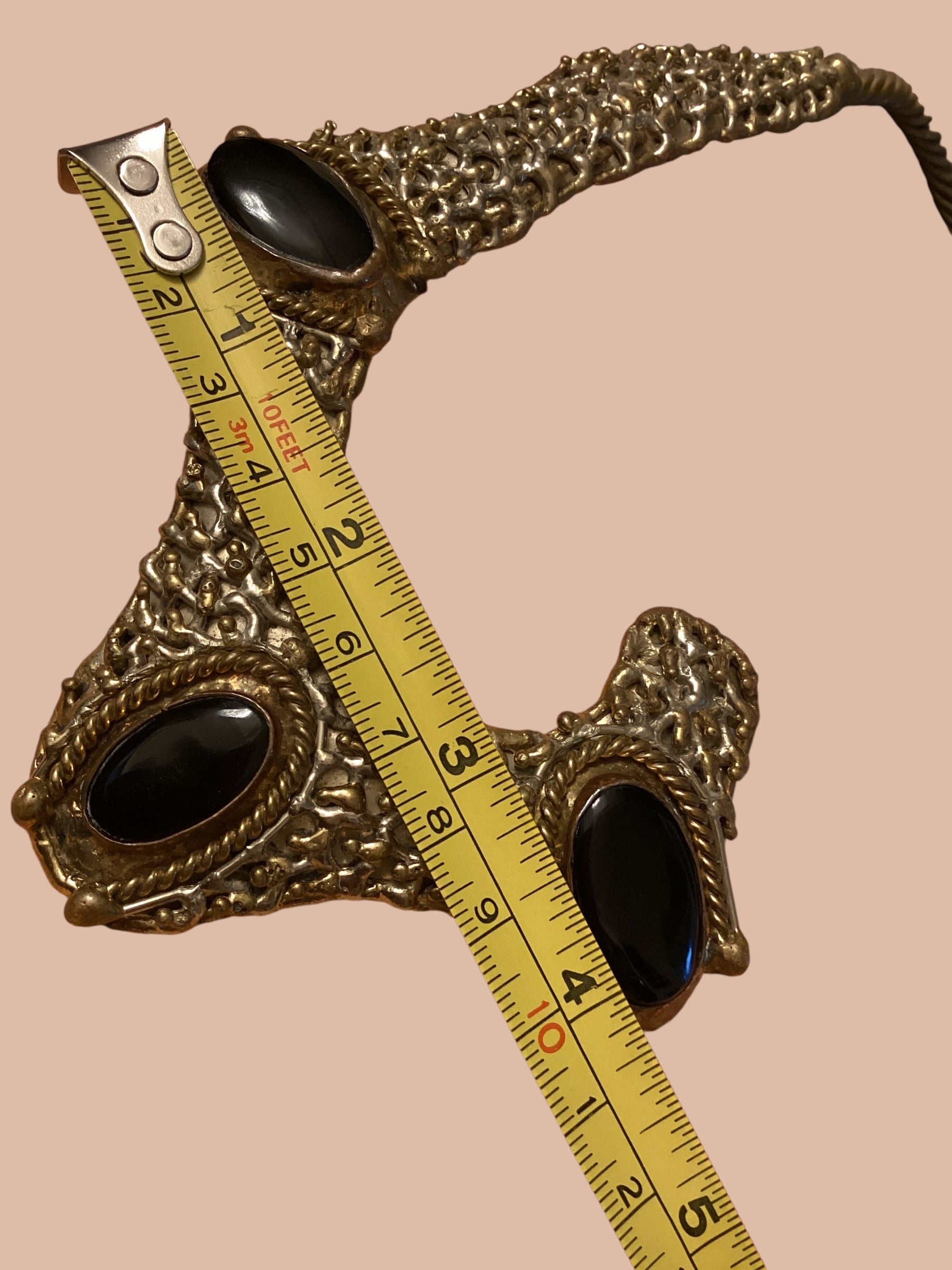 1960s Mexican Brutalist Brass & Onyx Handcrafted Collar Necklace