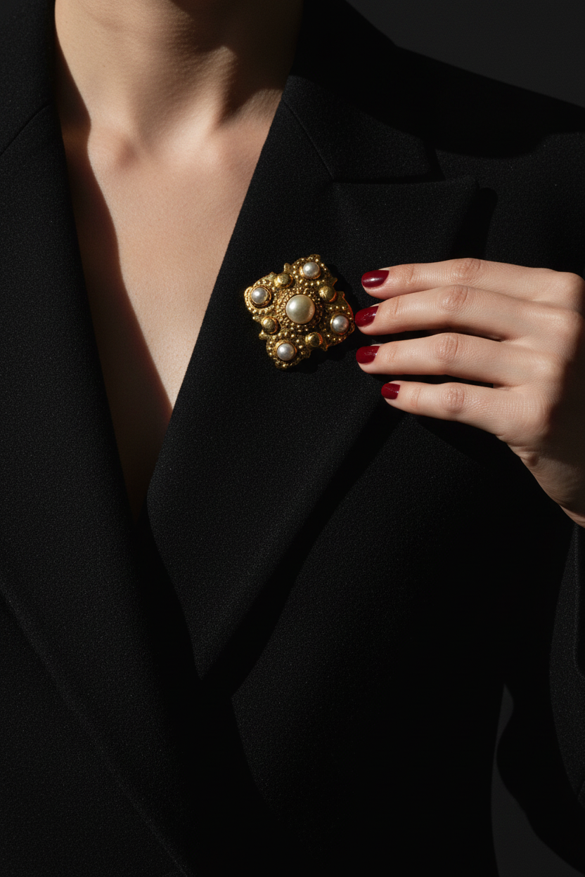CHANEL 1984 Season 23 Pearl/Gold Cross Brooch