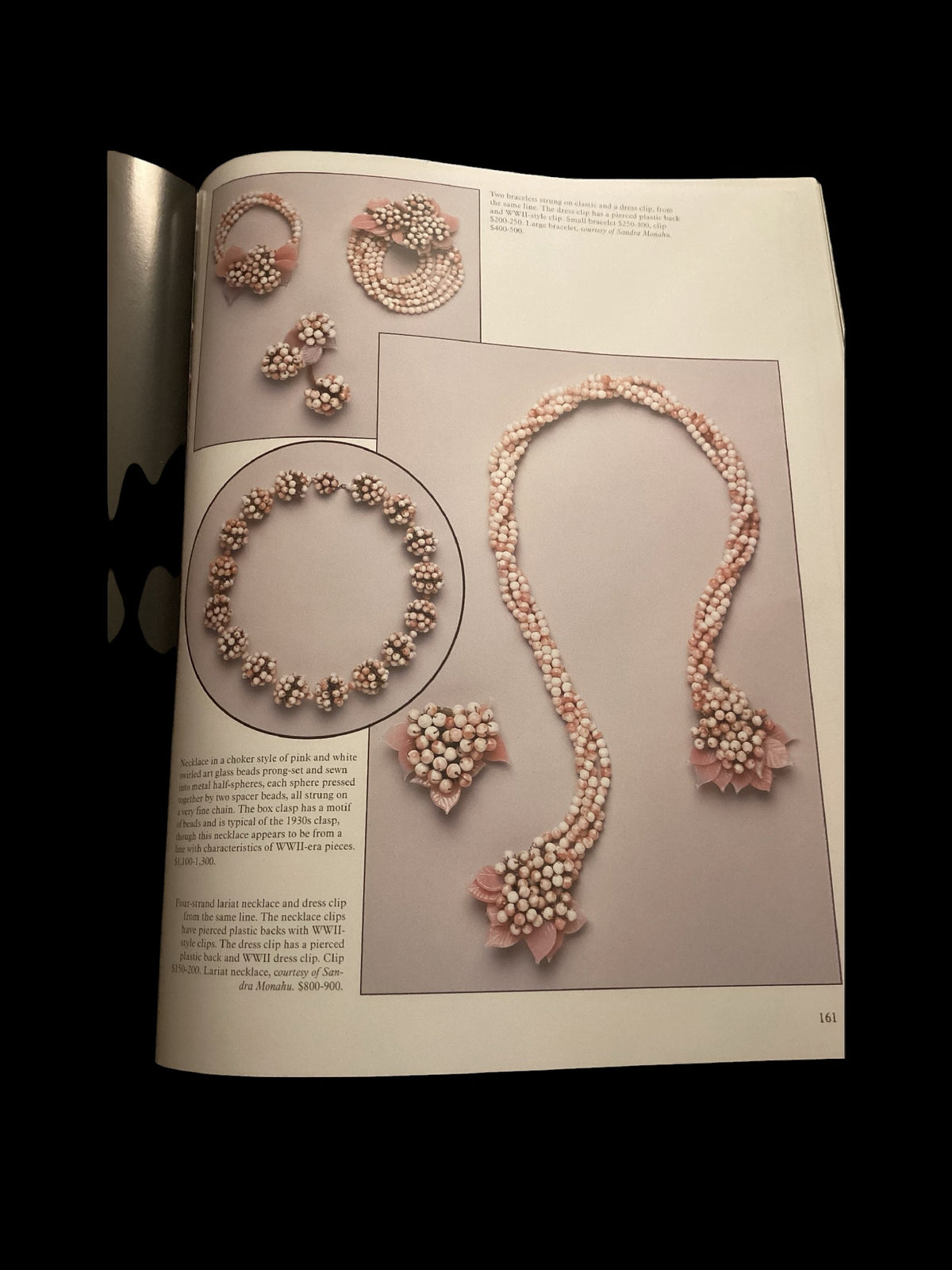 Museum-Quality 1940s Miriam Haskell/Frank Hess Pink & White Swirled Glass Lariat & Dress Clip Set - Archival Store Display Provenance