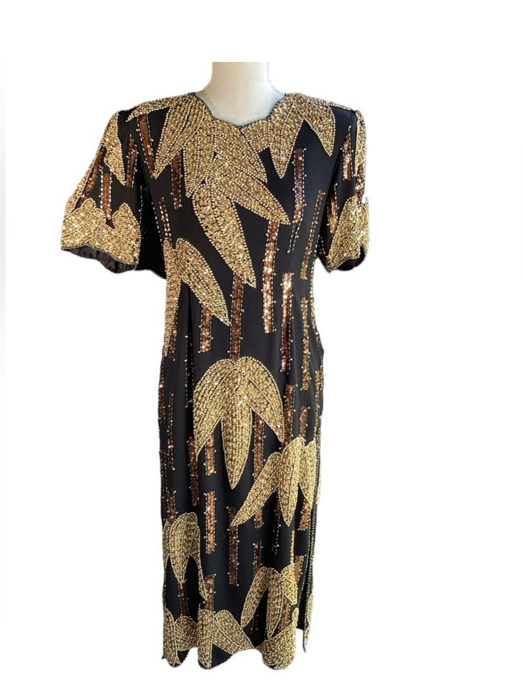 Vintage 1980’s Black & Gold Beaded Bamboo Design Cocktail Dress