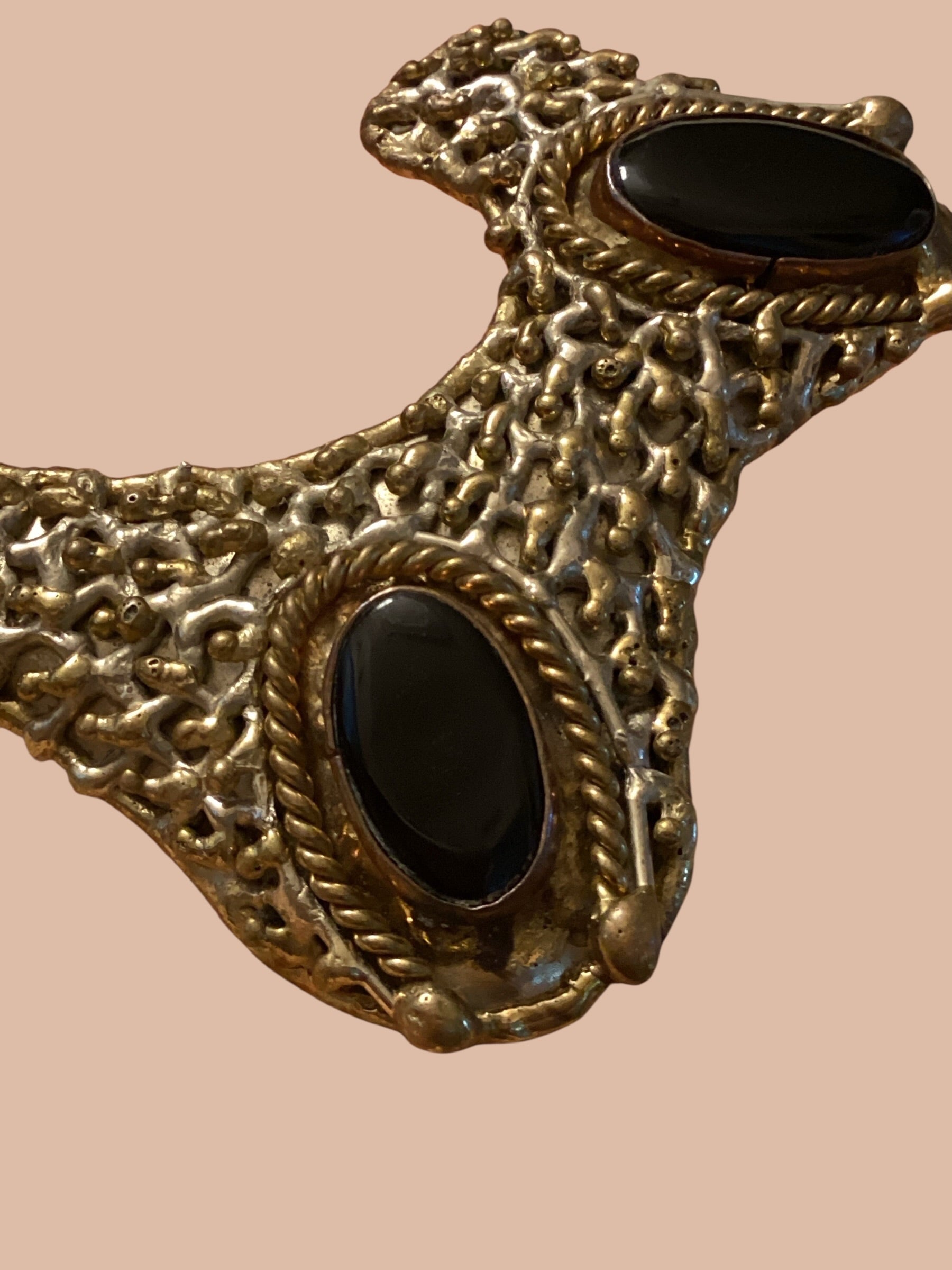 1960s Mexican Brutalist Brass & Onyx Handcrafted Collar Necklace