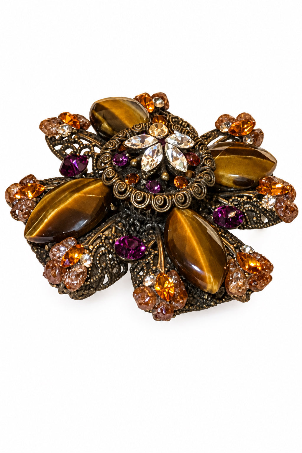 Signed Maya Evangelista Tiger Eye Maltese Cross Brooch & Clip Earrings Set