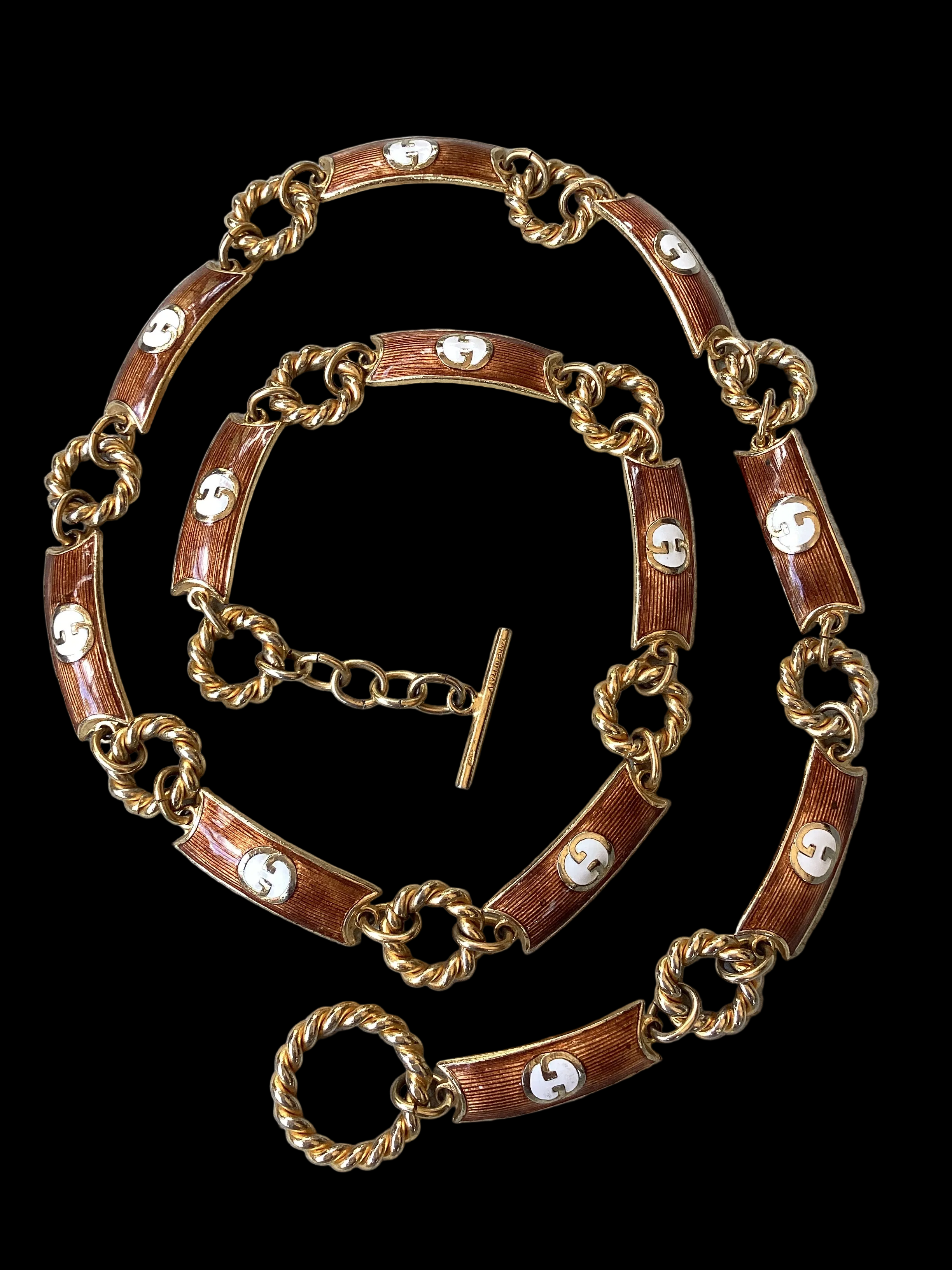 Vintage 1970s Gucci Enamel Chain Link Necklace/Belt Gold Tone Bronze Interlocking
GG Logo