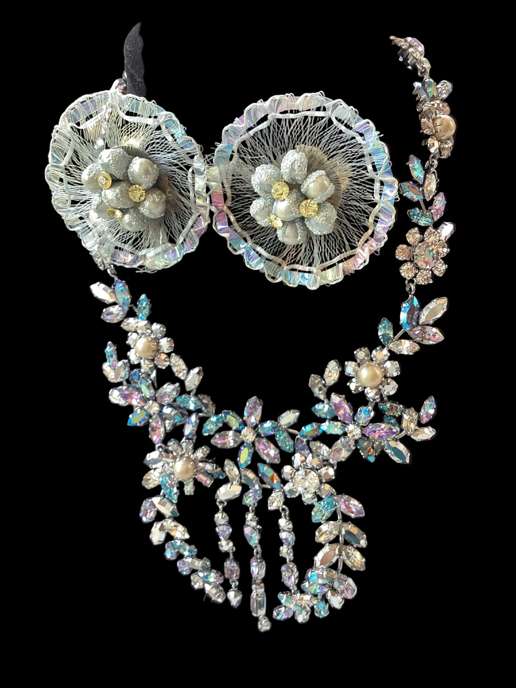 Circa 1950’s Made in Austria Bermuda Blue Rhinestone Bib Necklace & Western Germany Earrings