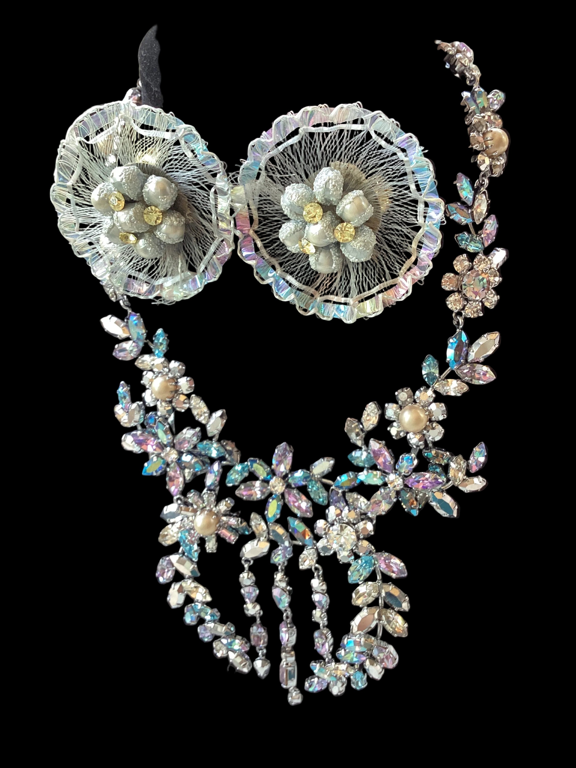 Circa 1950’s Made in Austria Bermuda Blue Rhinestone Bib Necklace & Western Germany Earrings