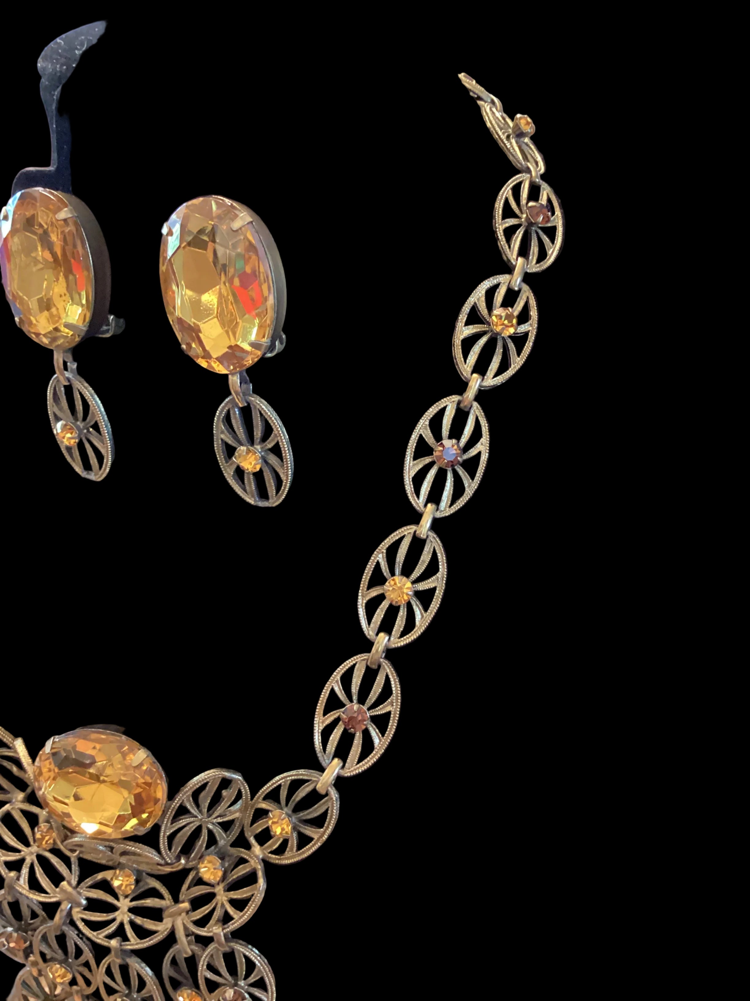 Antique Art Deco Brass Filigree Citrine Glass Necklace & Earrings Set