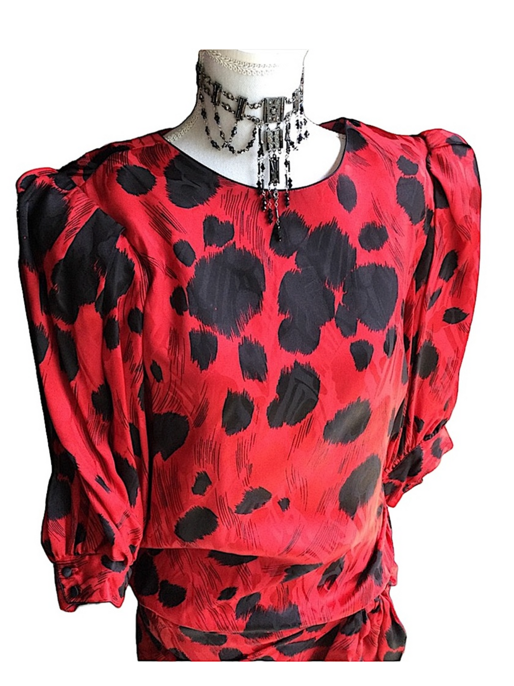 Vintage 1980's Flora Kung Red & Black Silk Dress