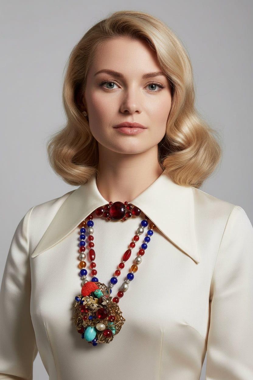 Vintage Mid-Century Beaded Cluster Statement Necklace & Brooch