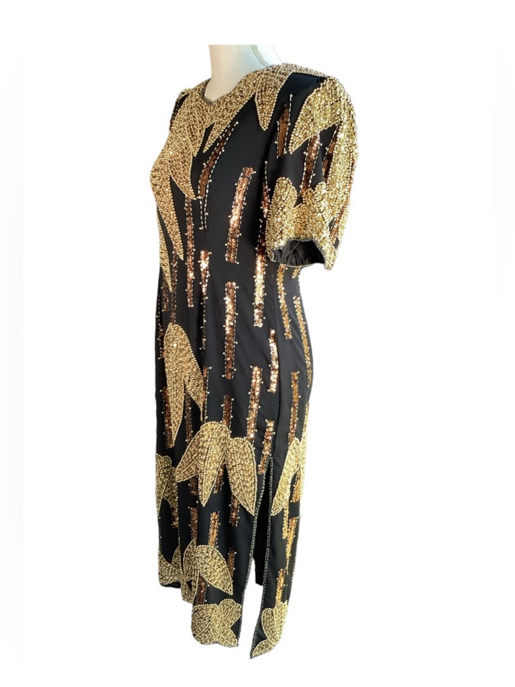 Vintage 1980’s Black & Gold Beaded Bamboo Design Cocktail Dress