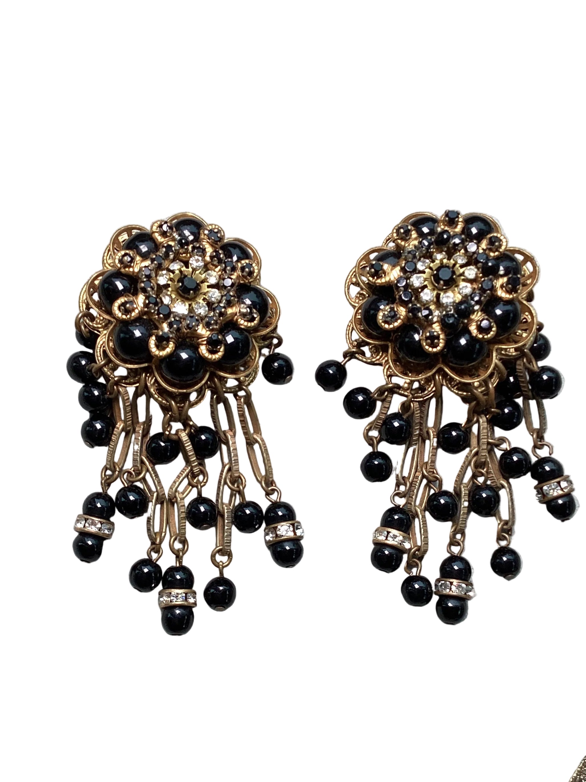 Rare Vintage Stanley Hagler N.Y.C. Jet Black Bead & Crystal Waterfall Earrings
