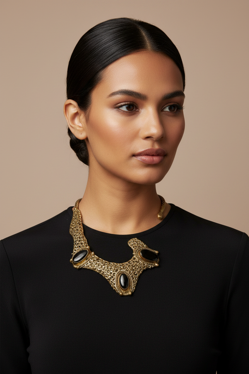 1960s Mexican Brutalist Brass & Onyx Handcrafted Collar Necklace