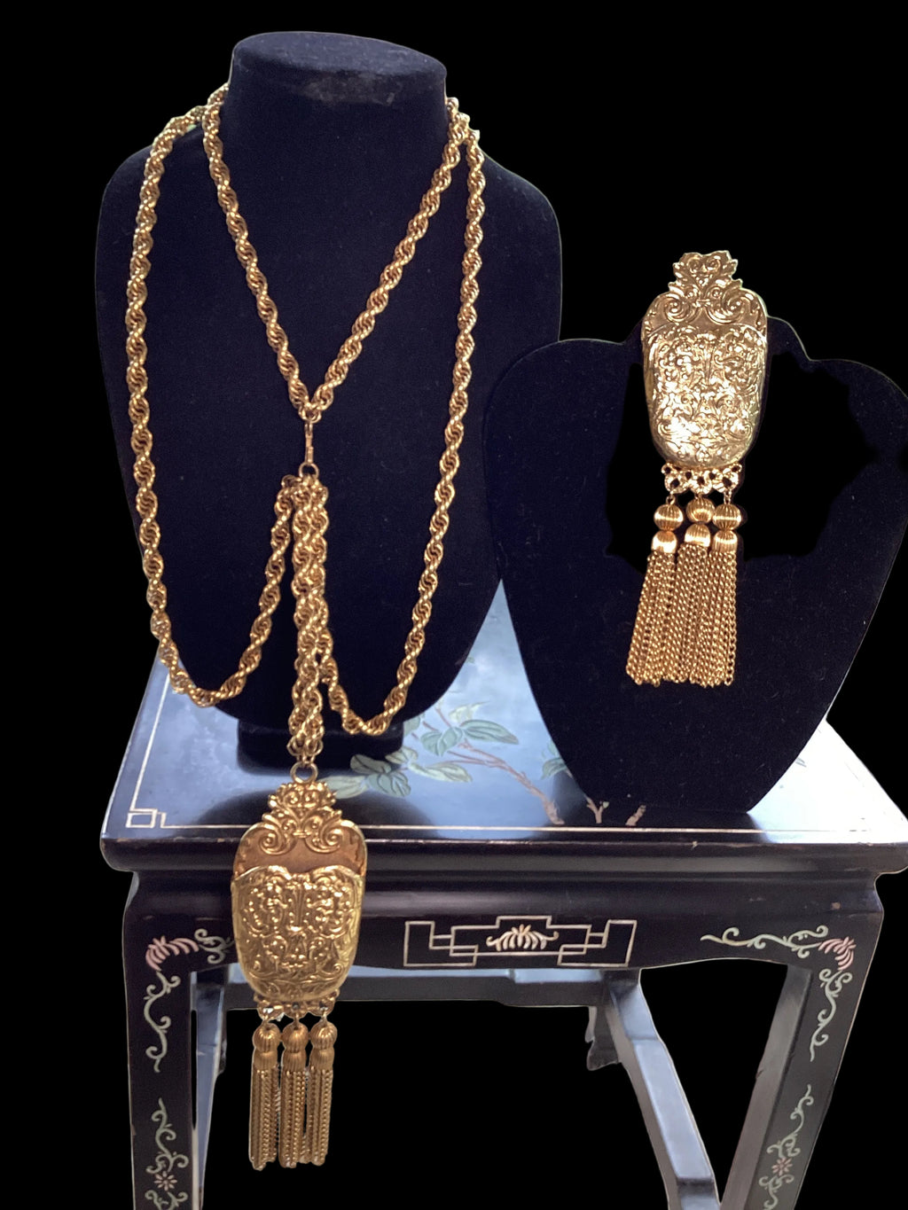 Circa 1960 Pauline Rader Etruscan Pouch Pendant Necklace & Matching Tassel Brooch Runway Couture Set