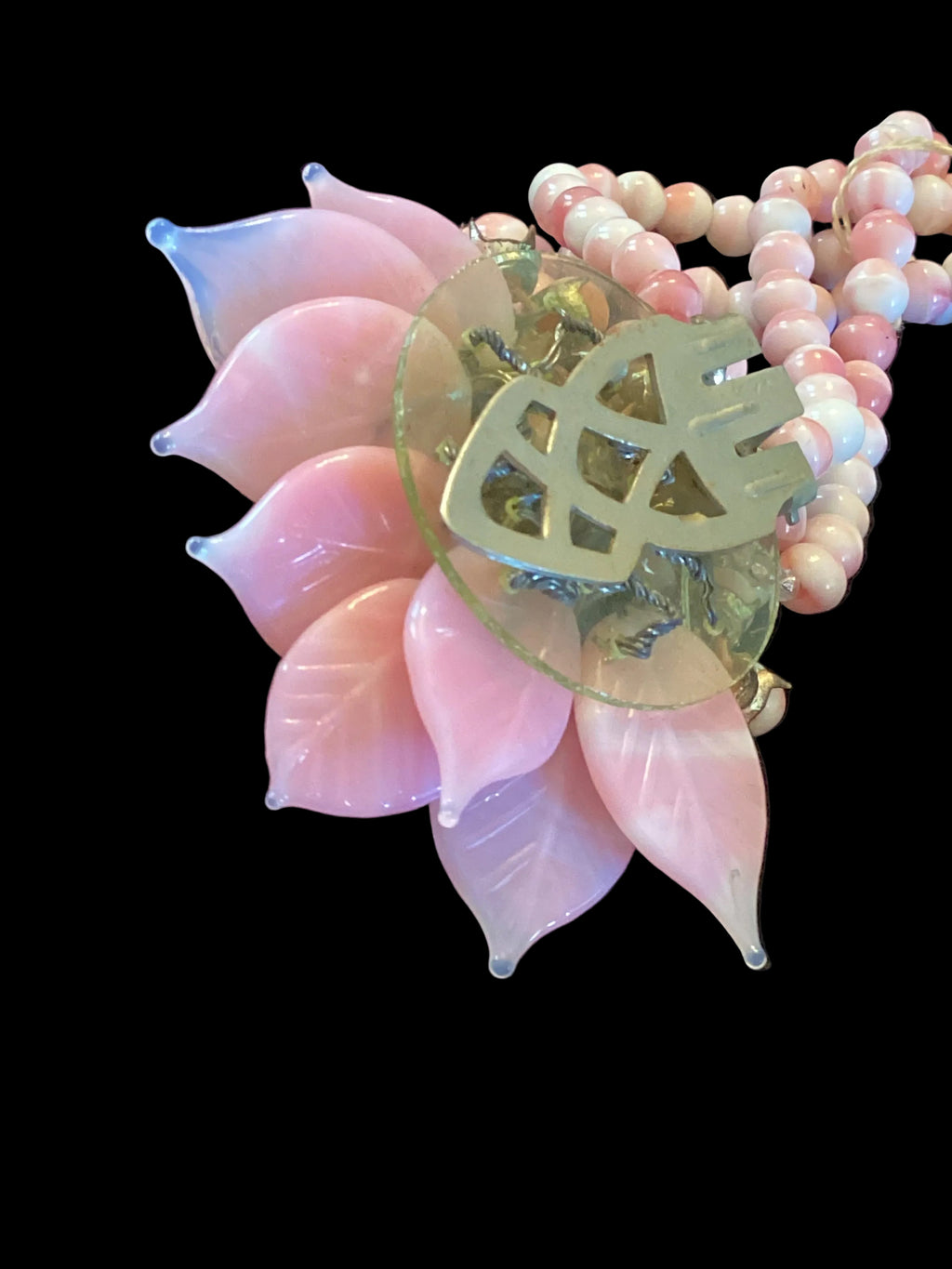 Museum-Quality 1940s Miriam Haskell/Frank Hess Pink & White Swirled Glass Lariat & Dress Clip Set - Archival Store Display Provenance