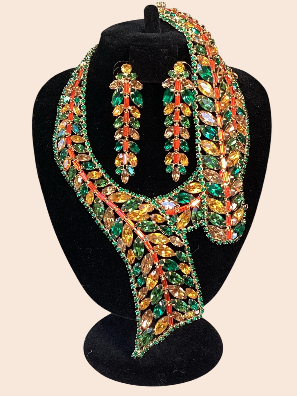 RARE Schreiner NY Emerald, Topaz,Asymmetric Ruffle Necklace,Bracelet,
Earring Demi Parure