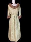 Vintage 1960s Malouf Design Perfect Negligee Hostess Gown - Pale Lime & Gold Metallic Brocade Lamé
with Pristine Mink Fur Portrait Collar & Cuffs