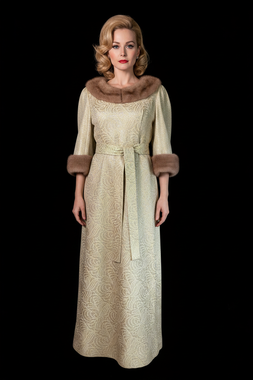 Vintage 1960s Malouf Design Perfect Negligee Hostess Gown - Pale Lime & Gold Metallic Brocade Lamé
with Pristine Mink Fur Portrait Collar & Cuffs