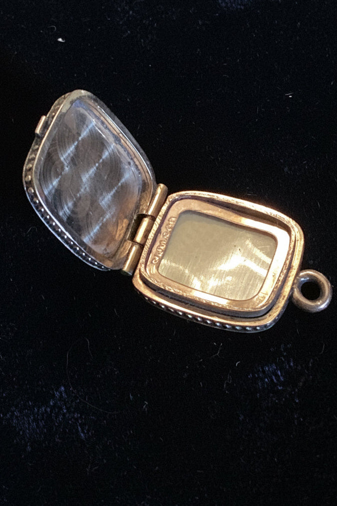 Antique SKM & Co. Gold-Filled Rounded-Square Engraved Locket with Original Celluloid Cover