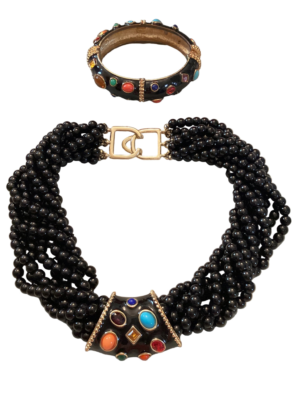 Circa 1980’s Kenneth Jay Lane KJL Multi-Strand Multi-Color Cabochon Black Enamel Necklace & Bangle Set