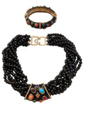 Circa 1980’s Kenneth Jay Lane KJL Multi-Strand Multi-Color Cabochon Black Enamel Necklace & Bangle Set