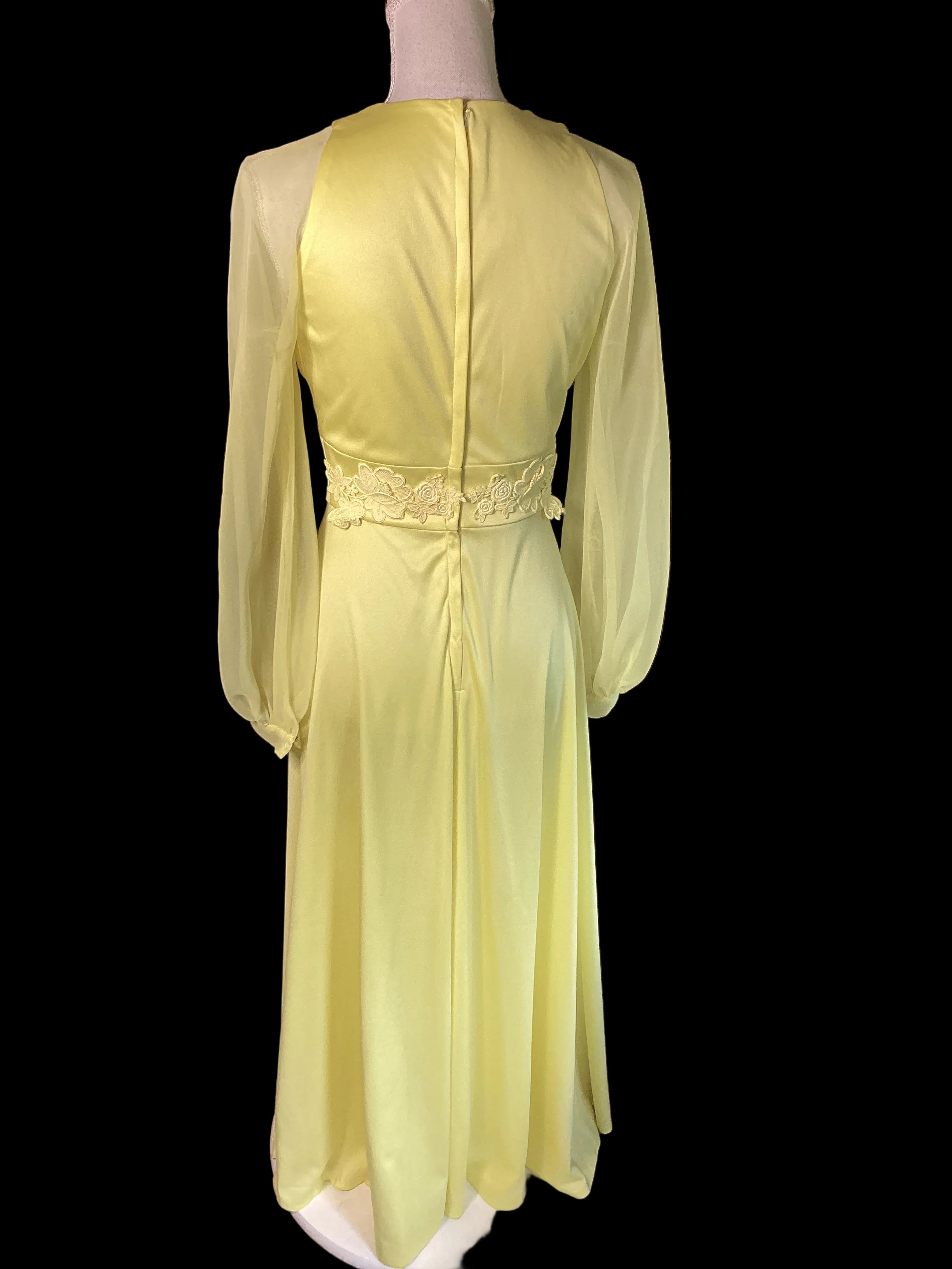 VTG 1970s Lemon Yellow Chiffon Maxi Dress