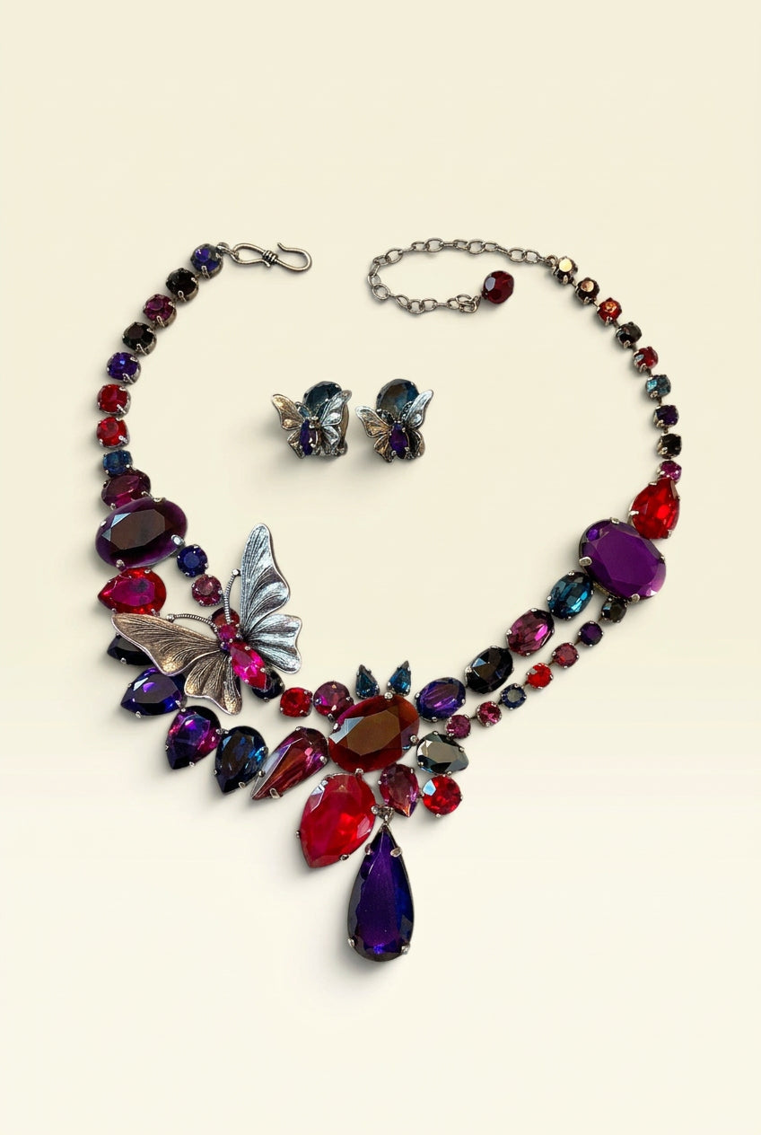 Signed Philippe Ferrandis Paris, Couture Jewel Tone Butterfly Necklace & Earrings Set