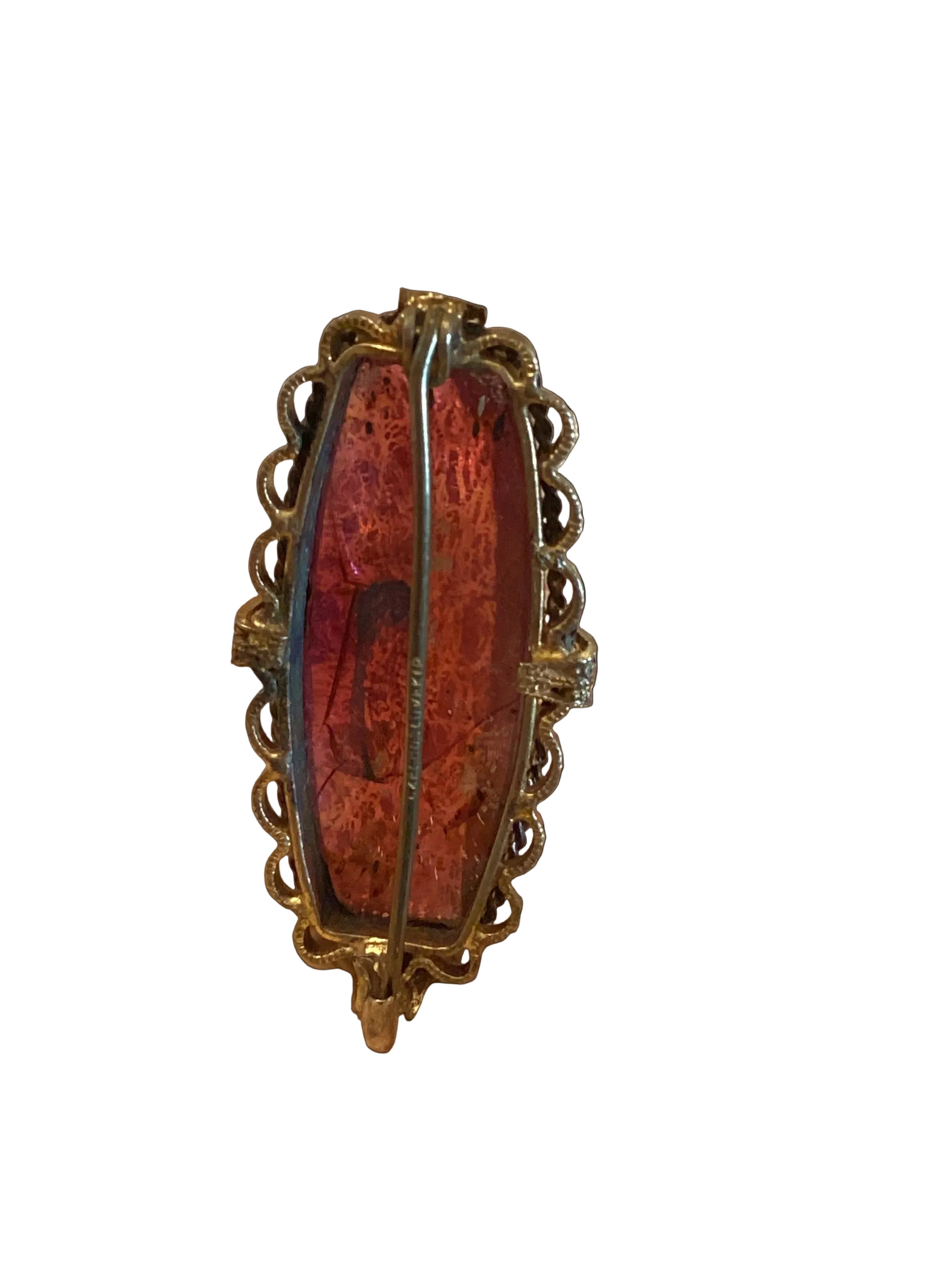Circa 1880 Antique Victorian Bohemian Flamed Glass Brooch, Gilt Filigree Open Hook Pin