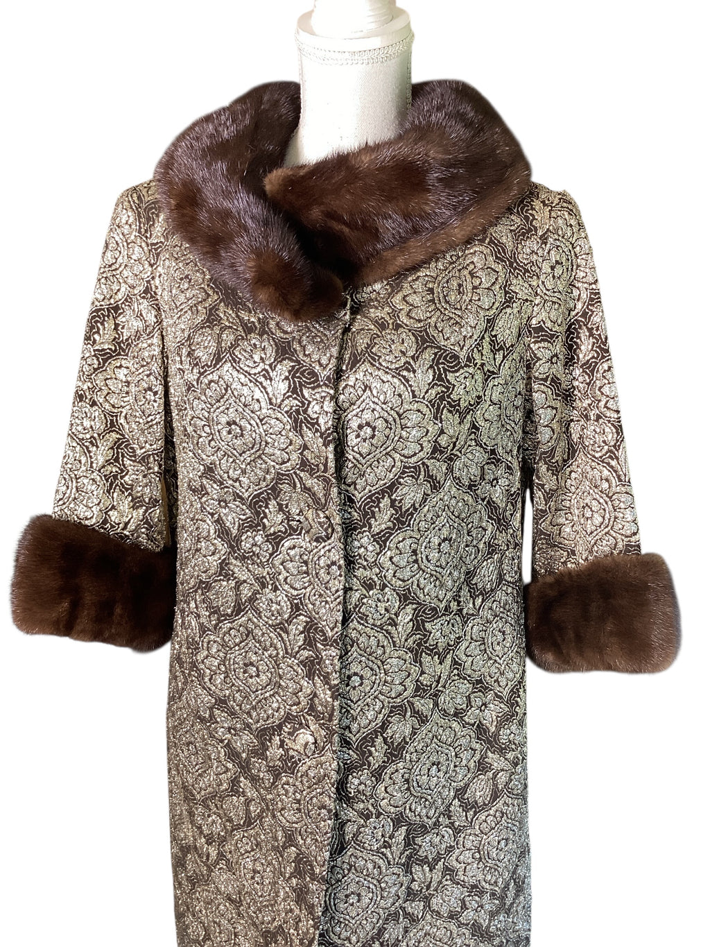 Vintage 1960s Custom Couture Brocade Shift Coat, Mahogany Mink Fur Collar & Cuffs
