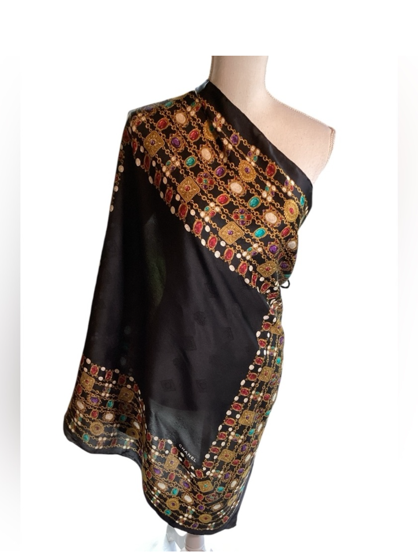 CHANEL Black & Gripoix Silk Scarf Circa 1980