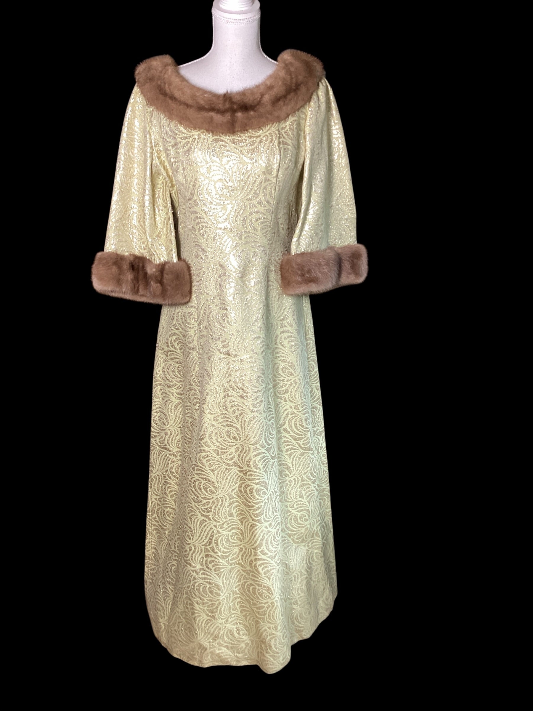 Vintage 1960s Malouf Design Perfect Negligee Hostess Gown - Pale Lime & Gold Metallic Brocade Lamé
with Pristine Mink Fur Portrait Collar & Cuffs