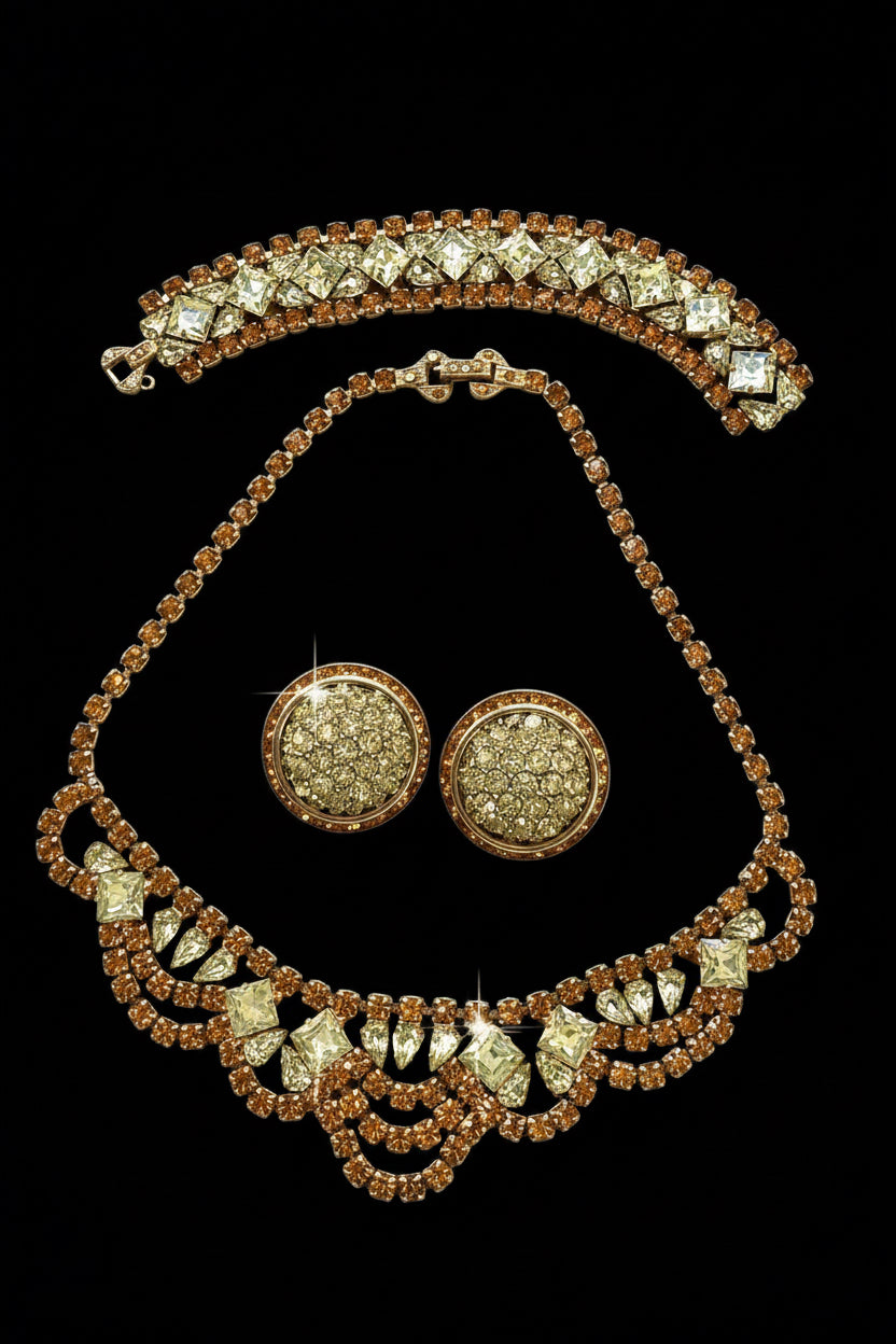 Vintage 1950s CORO Signed Rhinestone Parure Set - Amber Gold-Citrine. Necklace, Bracelet, Clip-on Earrings
