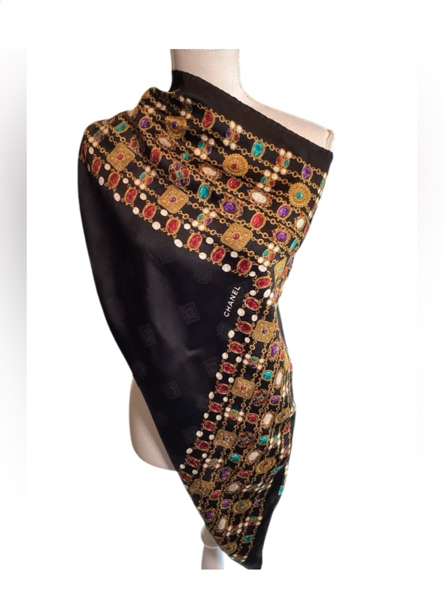 CHANEL Black & Gripoix Silk Scarf Circa 1980