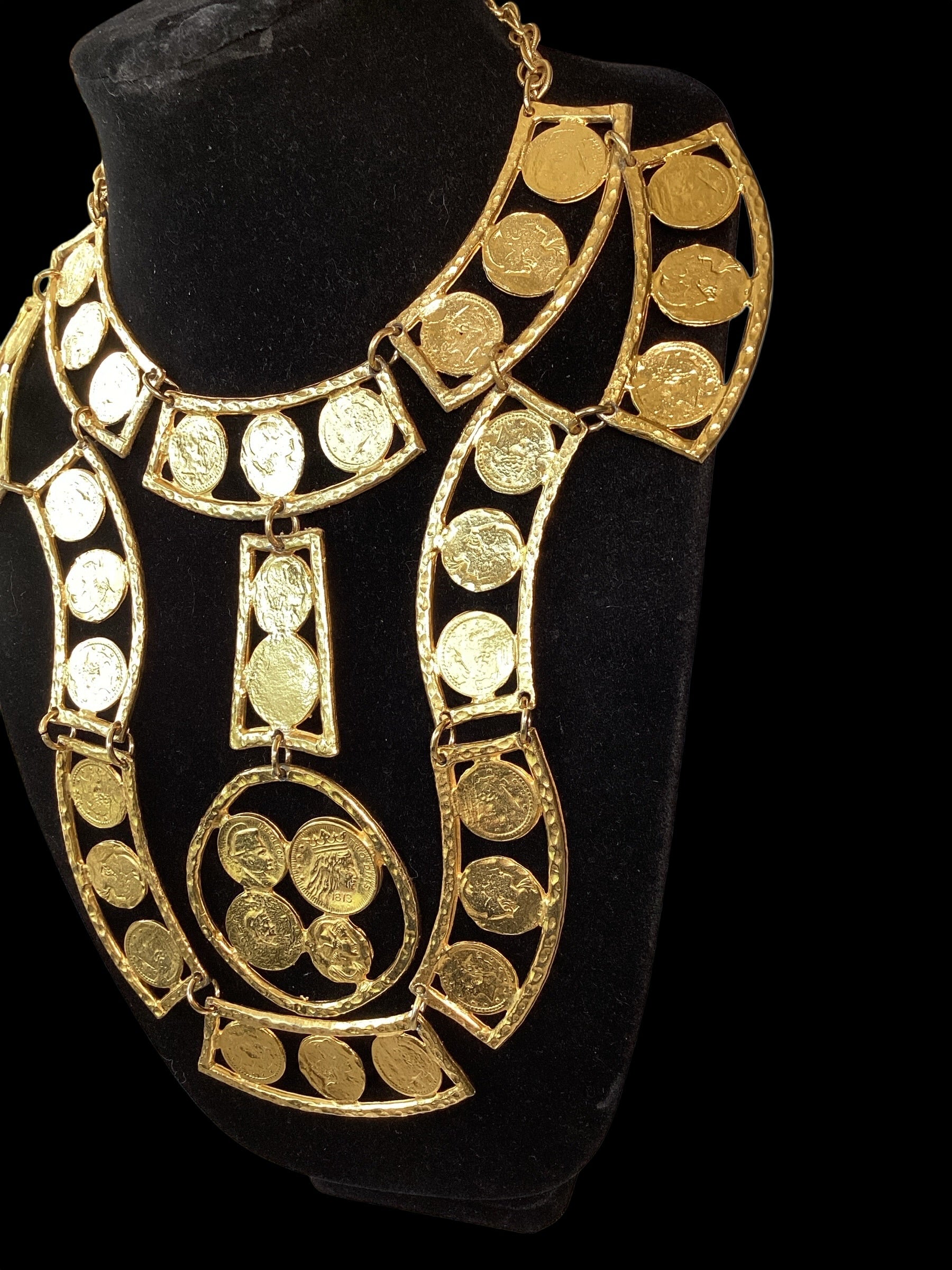Rare & Incredible Circa 1960 Kenneth Lane Gold Plated Coin Bib Necklace